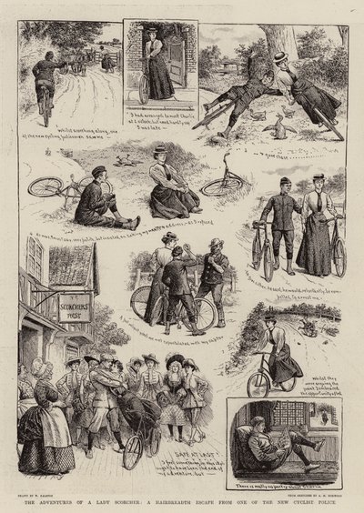 De avonturen van een dame op een fiets, een hachelijke ontsnapping aan een van de nieuwe fietsagenten door William Ralston