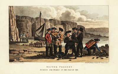 Engelse toeristen kijken naar Schotse vissers die pareloesters openen op het eiland Skye, Schotland door William Read