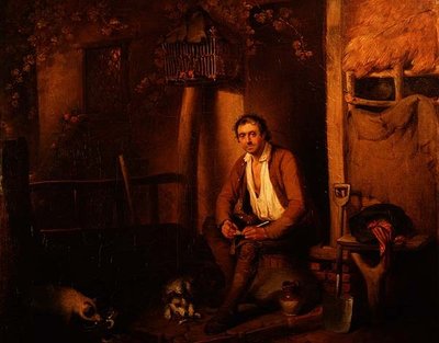 Cottage exterieur met zittende arbeider door William Redmore Bigg