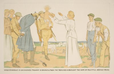 Boeren en soldaten op het land door William Rothenstein