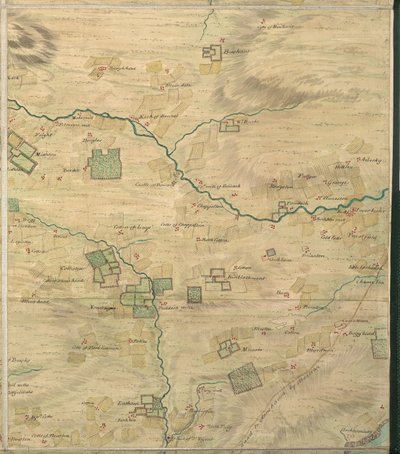 Roy Kaart 19/3f: Gebied rond Colliston, in Forfarshire (of Angus) door William Roy