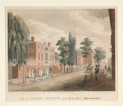 Uitzicht in Derde Straat, vanaf Spruce Street Philadelphia door William Russell Birch