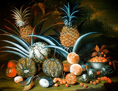 Stilleven van ananassen, meloenen, perziken, aardbeien, kersen en ander fruit door William Sartorius