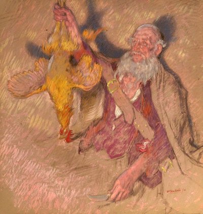 Studie van een man die een haan vasthoudt voor Highland Raiders, 1918 door William Shackleton