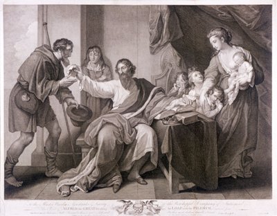 Alfred de Grote deelt zijn brood met de pelgrim door William Sharpe