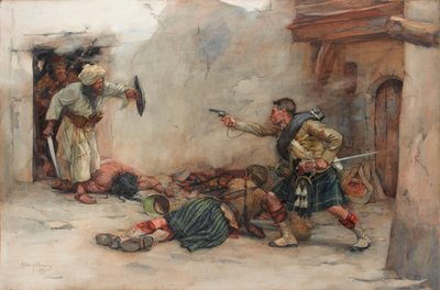 Tamboer James Roddick van de 92e Gordon Highlanders, verdedigt luitenant Menzies tijdens handgemeen in Kandahar door William Skeoch Cumming