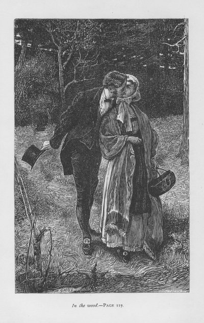 Hetty Sorrel, geliefde van Adam Bede, ontmoet de jonge landheer Arthur Donnithorne in het bos door William Small