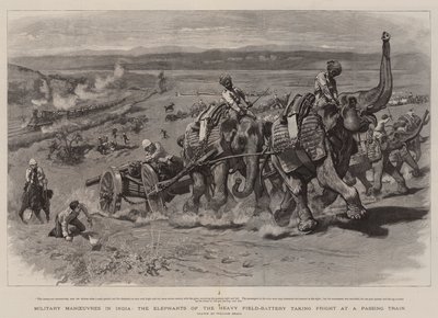 Militaire manoeuvres in India, de olifanten van de zware veldbatterij schrikken van een passerende trein door William Small