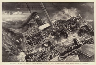 De gevaren van de Atlantische Oceaan, een veestoomboot gevangen in een storm op haar reis van Buenos Ayres naar Liverpool door William Small
