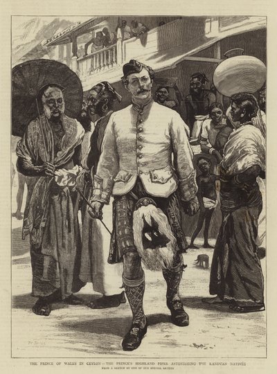 De prins van Wales in Ceylon, de Highland Piper van de prins die de Kandyan inboorlingen verbaast door William Small