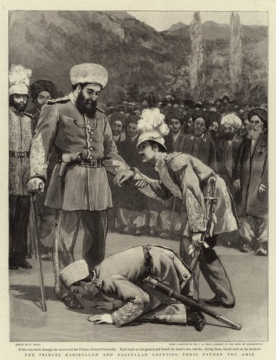 De prinsen Habibullah en Nasrullah begroeten hun vader de Amir door William Small