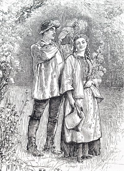 De kroning van de Meikoningin met een krans van meidoorn door haar geliefde. Door William Small, een Engelse illustrator door William Small