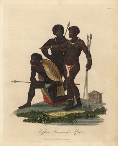 Zuid-Afrikaanse inboorlingen met speren, dierenhuidjas, ketting door William Smellie