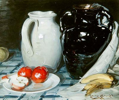 Stilleven met appels en bananen, en een grote kruik en vaas door William Somerville Shanks