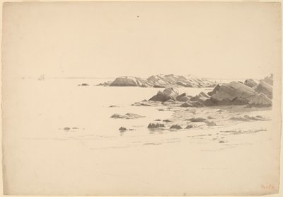Rotsachtige strand met verre boten door William Stanley Haseltine