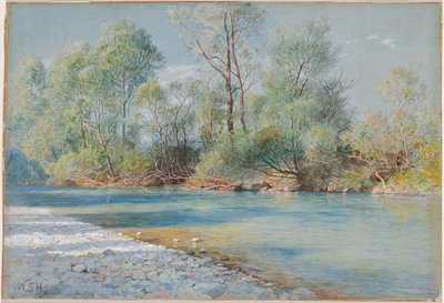 De rivier Traunstein op de weg naar Empfig, Beieren, circa 1893-96 (aquarel en gouache op blauw papier) door William Stanley Haseltine