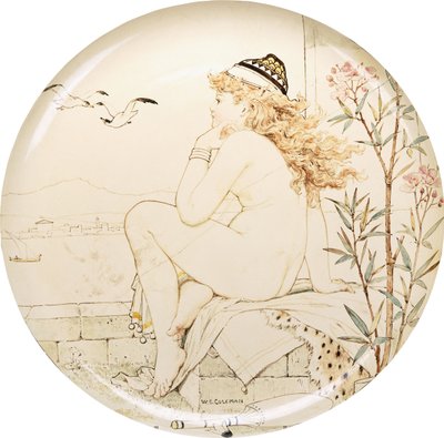Een Minton Art Pottery Studio schaal, beschilderd met een naakt dat naar zee staart door William Stephen Coleman