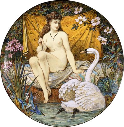 Een grote Minton aardewerken tazza, met afbeelding van Leda en de zwaan door William Stephen Coleman