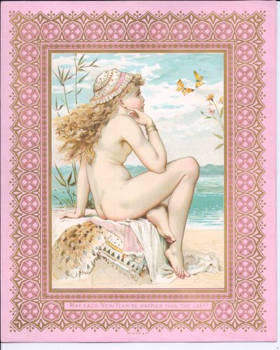 Victoriaanse nieuwjaarskaart van een badende schoonheid op een strand, ca. 1881 door William Stephen Coleman