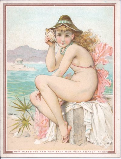 Victoriaanse nieuwjaarskaart van een badende schoonheid op een strand met een schelp aan haar oor, ca. 1881 door William Stephen Coleman