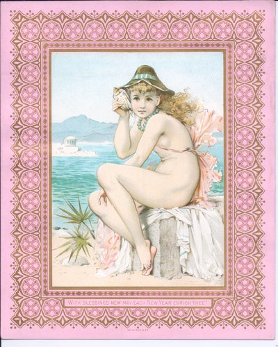 Victoriaanse nieuwjaarskaart van een badende schoonheid op een strand met een schelp aan haar oor, ca. 1881 door William Stephen Coleman