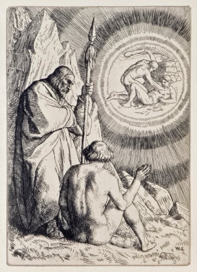 Michael toont Adam een visioen uit Paradise Lost van John Milton, een serie van 12 illustraties geëtst door William Strang door William Strang