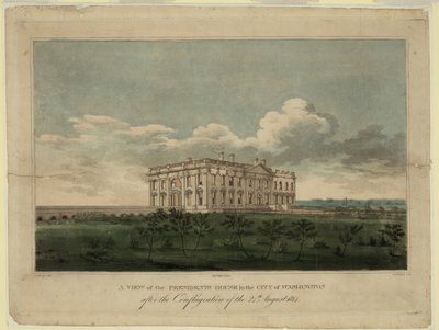 Uitzicht op het Witte Huis in de stad Washington na de brand van 24 augustus 1814 door William Strickland