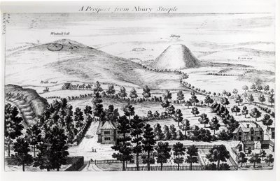 Uitzicht vanaf de toren van Avebury op Silbury Hill, illustratie uit 