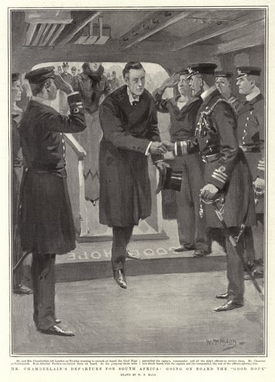 Het Vertrek van Mr Chamberlain naar Zuid-Afrika, aan boord van de Good Hope door William T. Maud