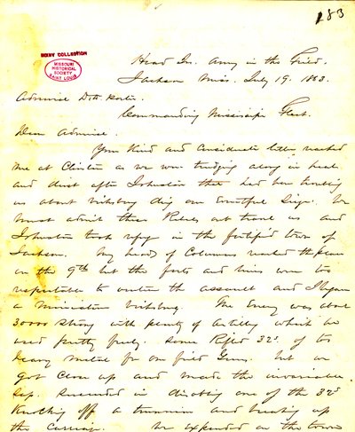 Brief van W. T. Sherman, hoofdkwartier, Leger in het Veld, Jackson, Mississippi, aan [David D.] Porter, 19 juli 1863 door William T. Sherman