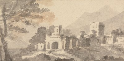Italiaans landschap met vervallen kasteel door William Taverner