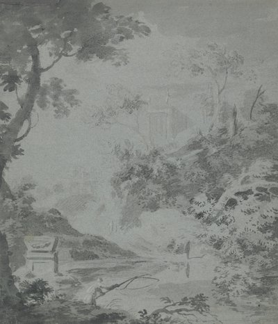 Landschap met een klassiek gebouw in de verte en een man die vist door William Taverner