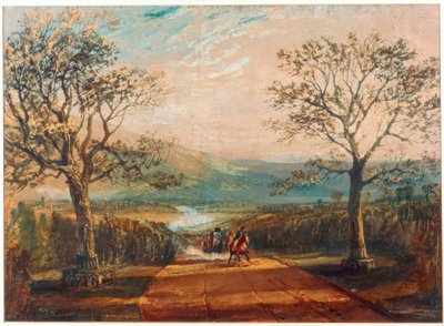 Koets op weg door dal, heide op de achtergrond door Joseph Mallord William Turner