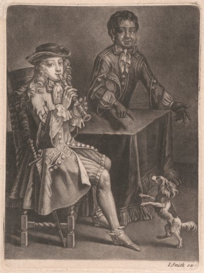 Twee jonge mannen, een speelt een blokfluit, de ander wijst naar een dansende hond door William Vincent