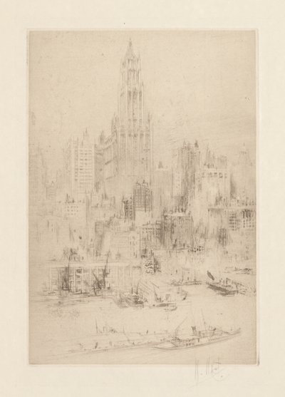 Downtown Manhattan vanaf de East River, met het Woolworth Building door William Walcot