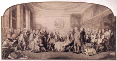 De eminente wetenschappers in 1807-1808. Bijeenkomst in de bibliotheek van het Koninklijk Instituut voor Wetenschappen, Engeland. Gravure door William Walker en Sir John Gilbert - Eminente Wetenschappers Levend in 1807 door William Walker