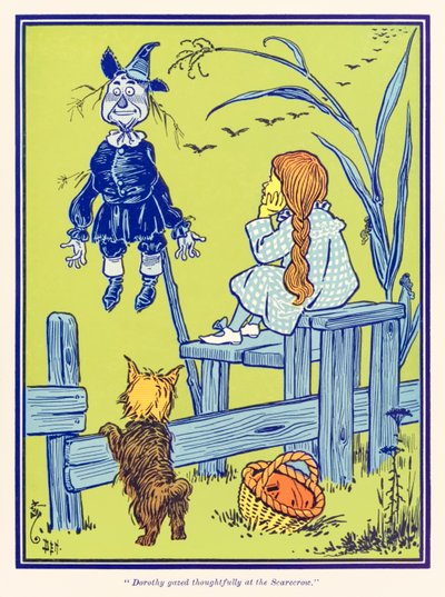 "Dorothy keek nadenkend naar de Vogelverschrikker." uit "De Wonderbaarlijke Tovenaar van Oz" door L. Frank Baum door William Wallace Denslow