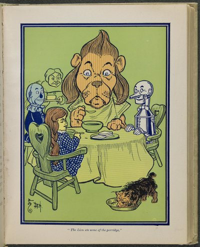 "De leeuw at wat van de pap", illustratie uit "De wonderbaarlijke tovenaar van Oz" door Lyman Frank Baum door William Wallace Denslow