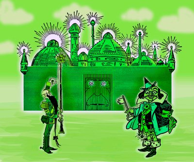 De Wonderbaarlijke Tovenaar van Oz - De Tovenaar van Oz: Bewerking van drie afbeeldingen door Denslow, William Wallace (1856-1915) voor de eerste editie 1900 van Frank Baum