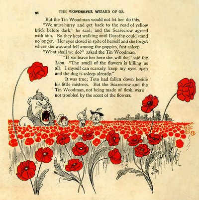 De Wonderbaarlijke Tovenaar van Oz - hoofdstuk VIII: het dodelijke klaprozenveld - De Tovenaar van Oz: hoofdstuk 8 - een pagina geïllustreerd door William Wallace Denslow van de eerste editie 1900 van Frank Baum