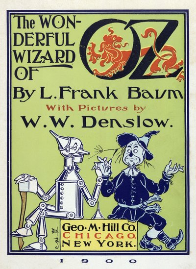 Titelpagina van De Wonderbaarlijke Tovenaar van Oz door Lymna Frank Baum (1856 - 1919) uitgegeven in 1900 (kleur lithografie) door William Wallace Denslow