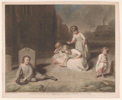 Kinderen lezen de inscriptie op de grafsteen van hun moeder door William Ward