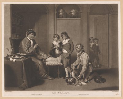 Man berispt kinderen en een geknielde man met peren door William Ward