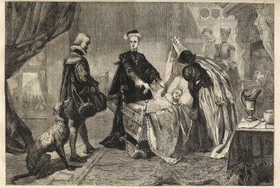 Koningin Mary verlaat Stirling Castle - Marie Stuart (Marie I van Schotland) voor de wieg van haar zoon (Jacques Stuart, Jacques VI en I) door William Ward