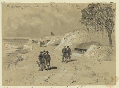 Thunderbolt batterij kijkend naar beneden de rivier door William Waud