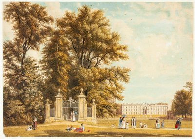 Ingang naar de Laan vanaf Clare Hall Piece, Cambridge door William Westall