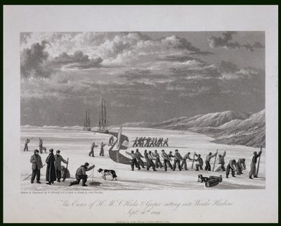 De bemanningen van H.M.S. Hecla en Griper snijden in Winter Harbour, 26 september 1819, uit 