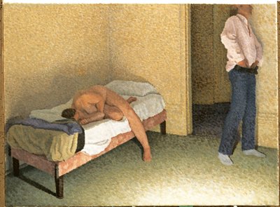 Interieur met een figuur die zich aankleedt door William Wilkins