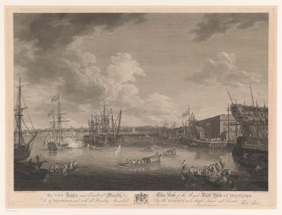 Gezicht op de scheepswerf van Deptford door William Woollett