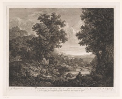 Landschap met figuren rondom een vuur en tekenaar en schalmeispeler aan de oever van een rivier door William Woollett